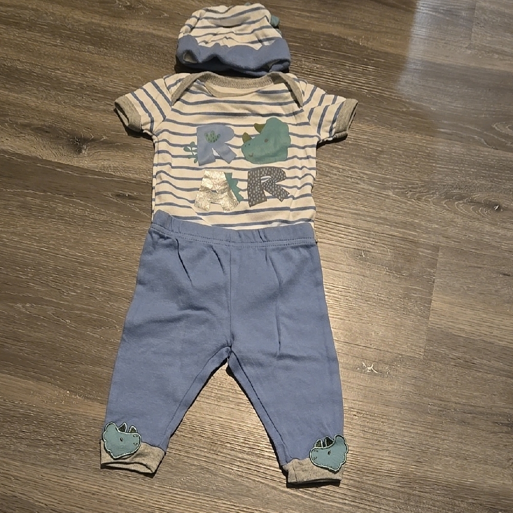 Striped (Dinosuar) Baby Outfit with Blue Pants and Hat. 3 Piece Set.